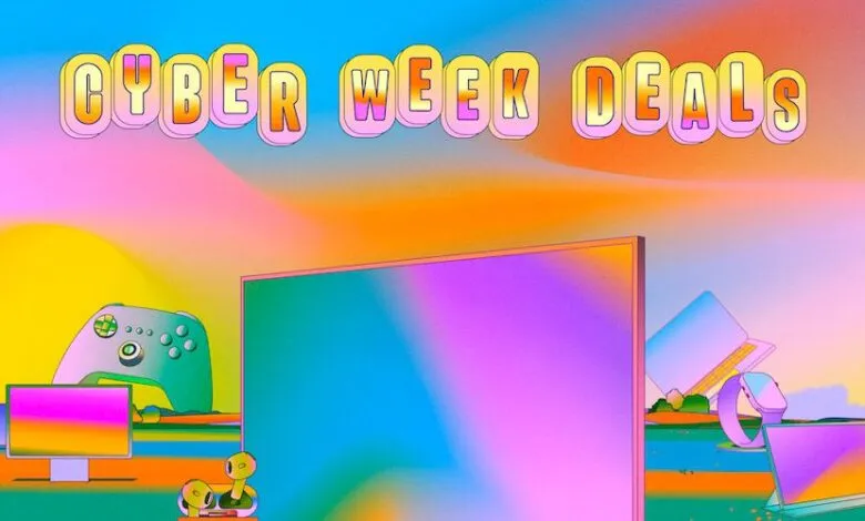 Cyber Week Deals graphic with electronics on colorful background.