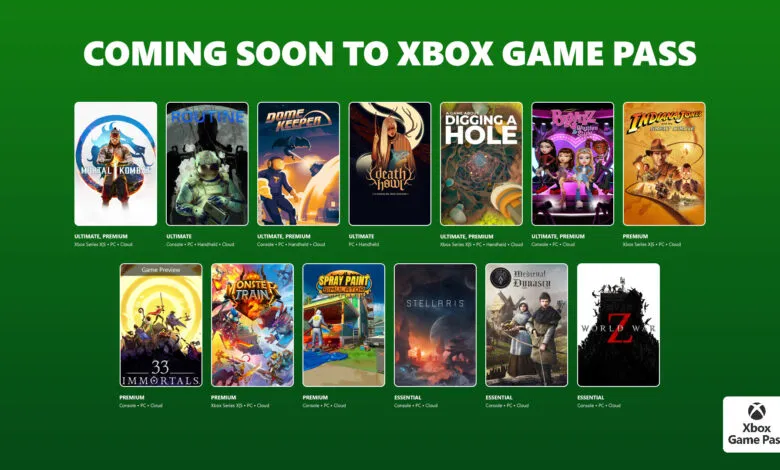 Xbox Game Pass announcement featuring upcoming games like Mortal Kombat and Indiana Jones.