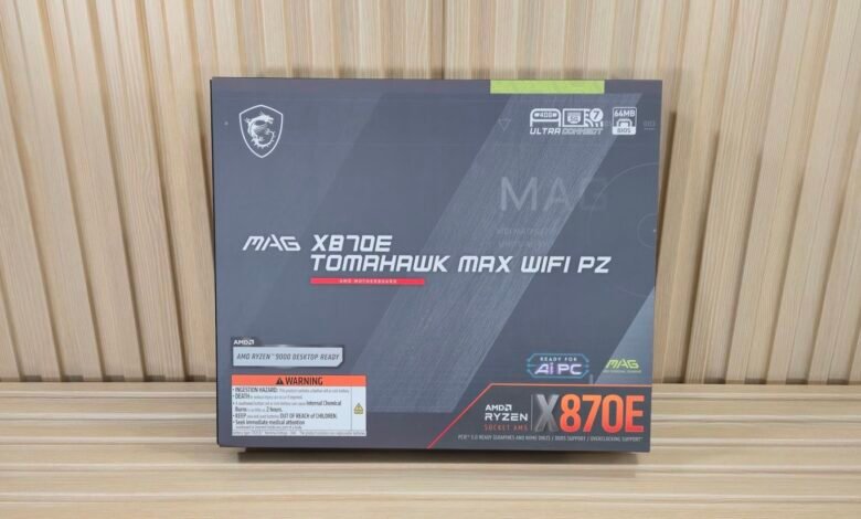 MSI MAG X870E Tomahawk Max WiFi PZ motherboard box.