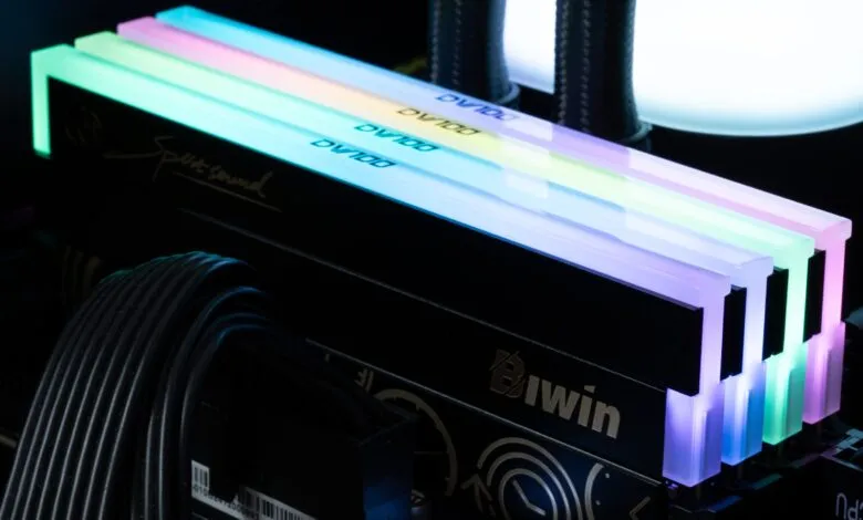 Close-up of colorful RGB RAM sticks installed in a computer.