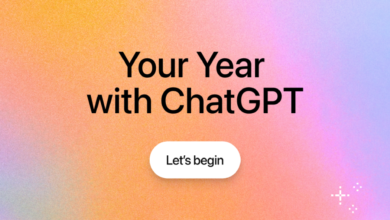 Gradient background with 'Your Year with ChatGPT' and a 'Let's begin' button.