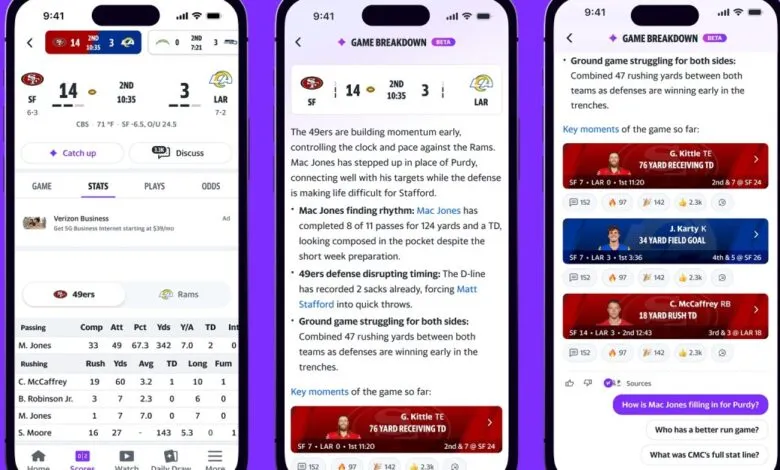 Screenshots of a sports app showing game breakdowns, stats, and key moments.