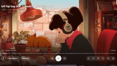 Lofi Girl animation with headphones, cat, and cityscape background.