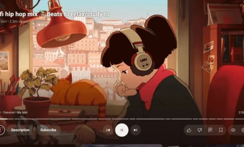 Lofi Girl animation with headphones, cat, and cityscape background.