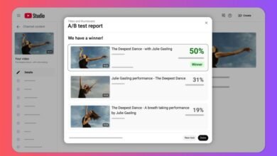 YouTube Studio A/B test report showing title and thumbnail performance results.