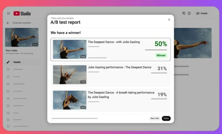 YouTube Studio A/B test report showing title and thumbnail performance results.