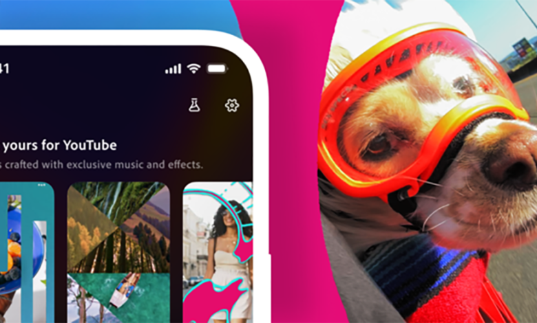 Adobe Premiere Rush mobile app displayed next to a dog wearing goggles.