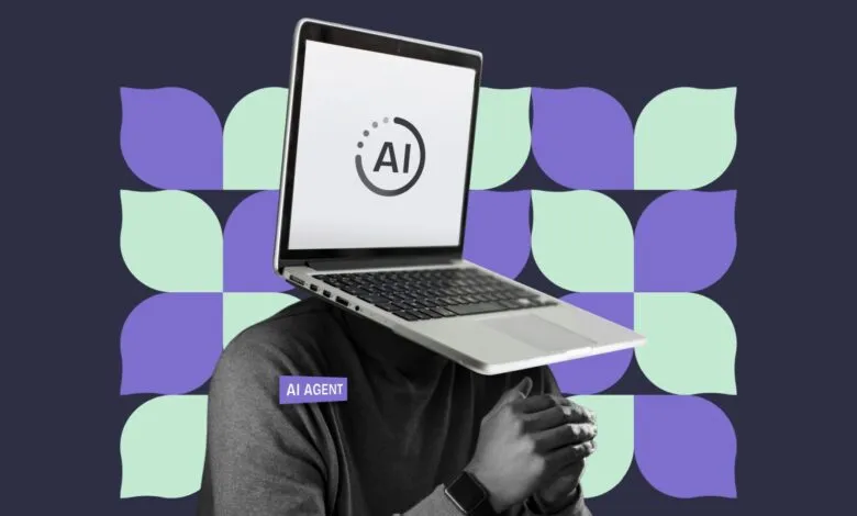 Person with laptop for a head displaying an AI logo against a geometric background.
