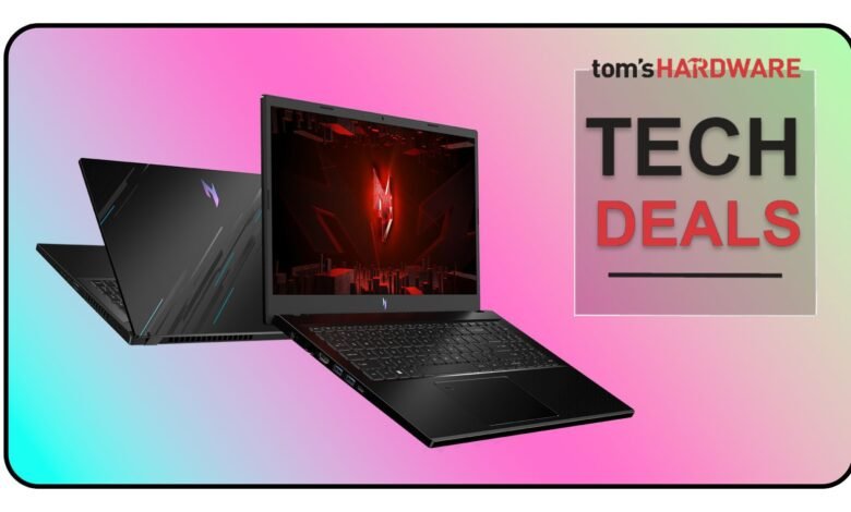 Two black gaming laptops displayed with 'Tech Deals' graphic.