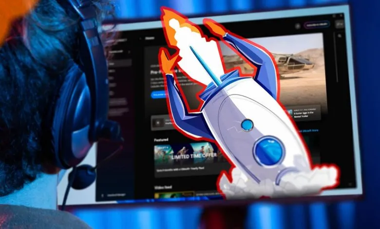 Gamer with headset using PC with game launcher and rocket illustration.