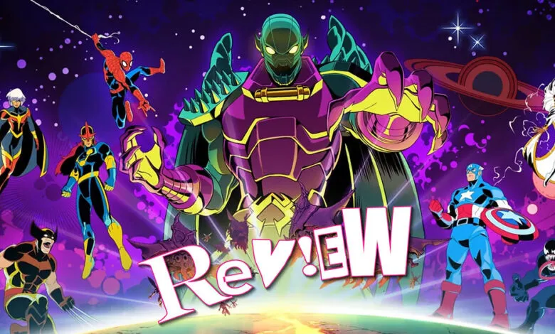 Marvel characters including Captain America, Spider-Man, and Wolverine surround the word 'Review'.
