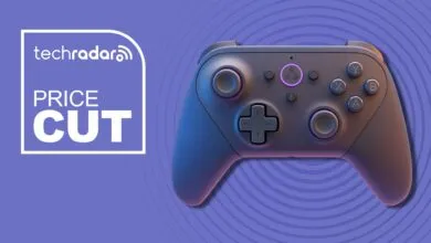 Purple game controller with TechRadar 'Price Cut' graphic on a purple background.