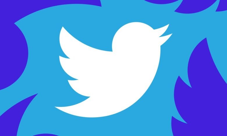 Twitter logo in white against a blue background with purple accents.