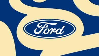 Ford logo in white on blue oval, set against a tan and blue background.