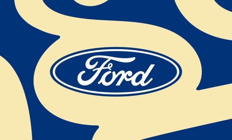 Ford logo in white on blue oval, set against a tan and blue background.