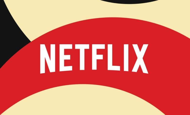 Netflix logo in white on a red curved banner against a beige and black background.