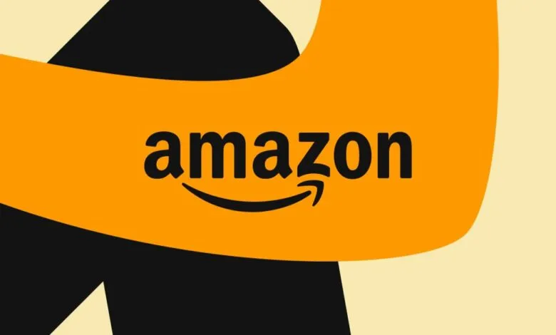 Amazon logo on orange background with black and cream accents.