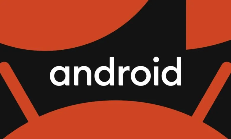 Android logo featuring white text and orange robot shapes on black background.