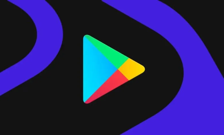 Google Play Store logo on black background with purple accents.