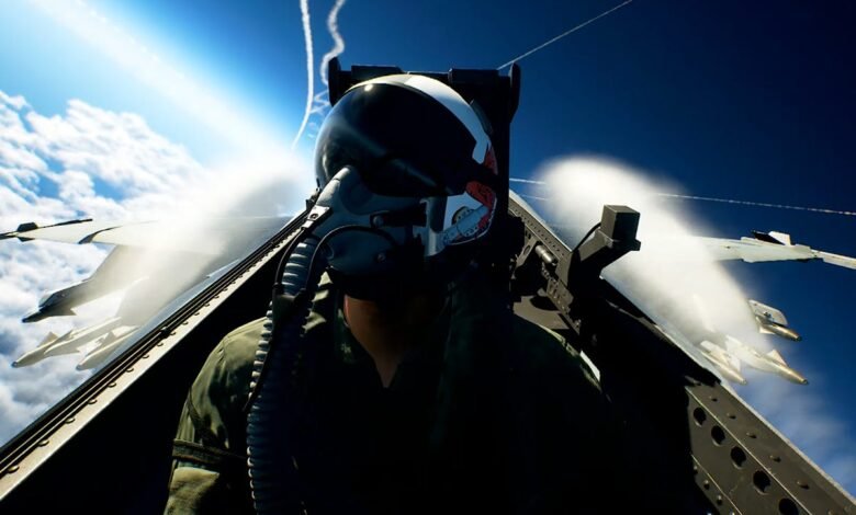 Pilot's view from a fighter jet cockpit during aerial combat.