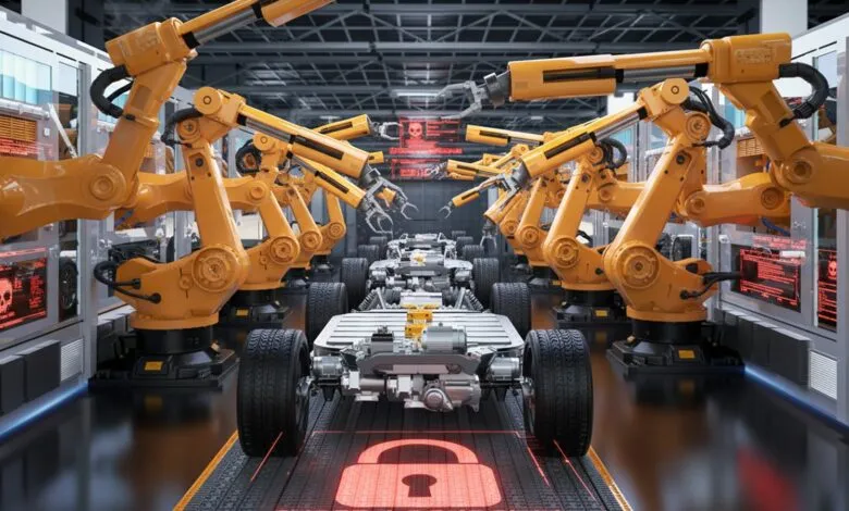 Automated factory line assembling electric vehicle chassis with robotic arms.