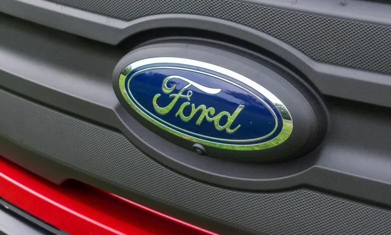 Close-up of a Ford logo on a textured black grille with a red accent.