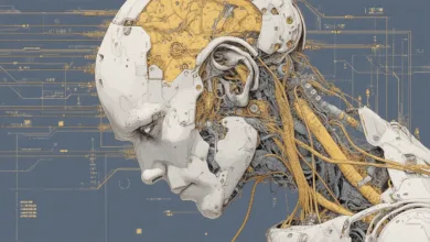 Detailed illustration of a cyborg head with visible wires and mechanical components.