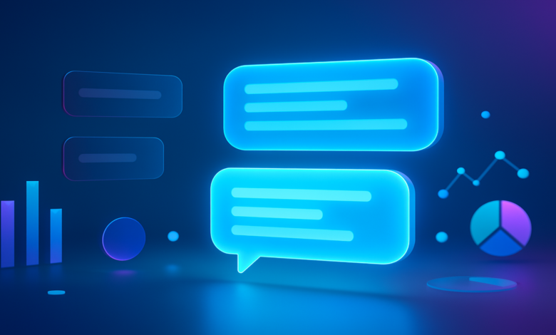 AI chat interface with data visualizations, glowing blue and purple.