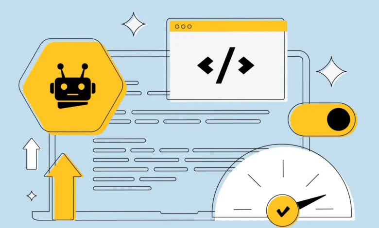 Illustration of automation with robot, code, toggle, and speedometer elements.