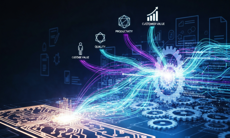 Abstract tech image with circuit board, gears, and data streams.