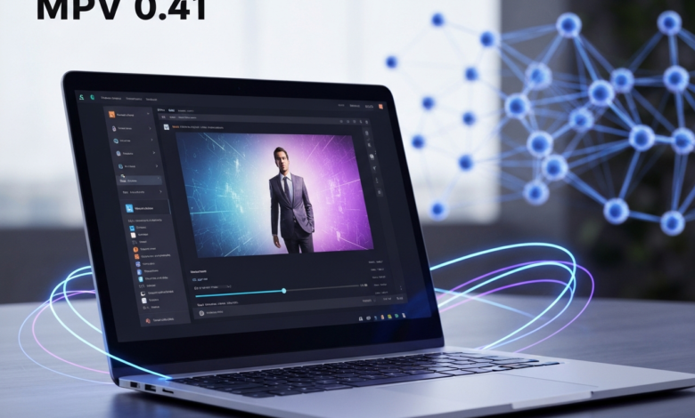 Laptop displaying video editing software with a man in a suit on screen.