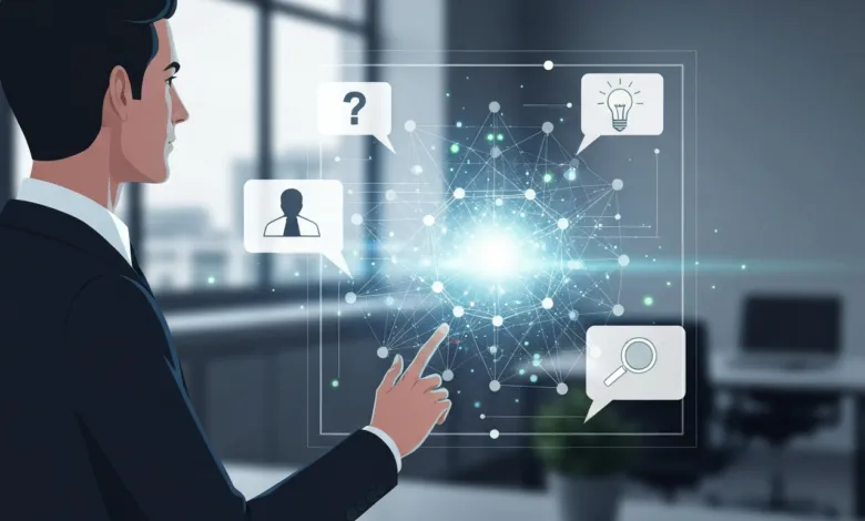 Man interacts with glowing network of ideas and connections.