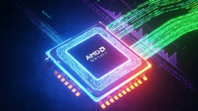 AMD processor with glowing circuits and data streams, dark background.