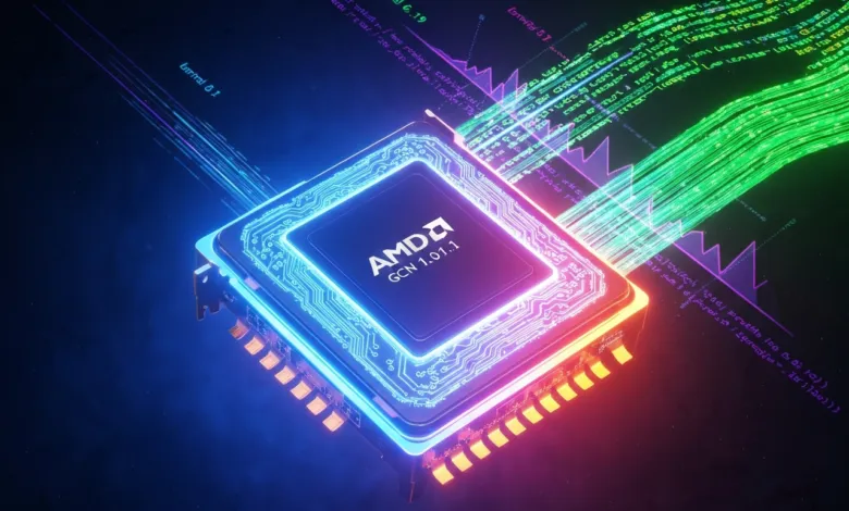 AMD processor with glowing circuits and data streams, dark background.