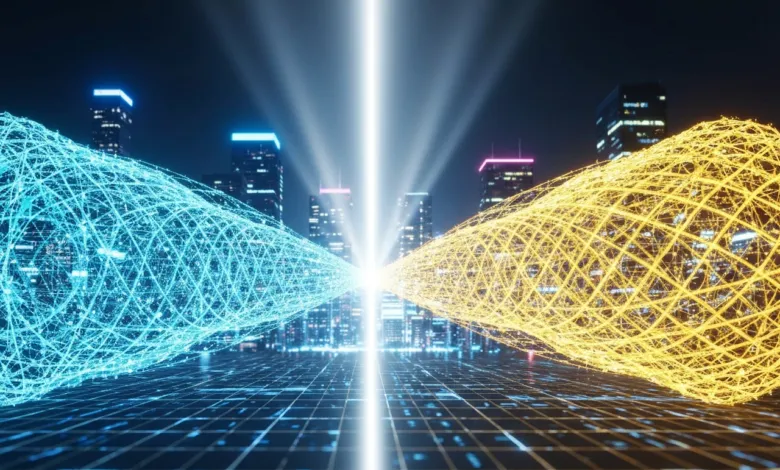 Abstract city skyline with glowing blue and yellow network connections.