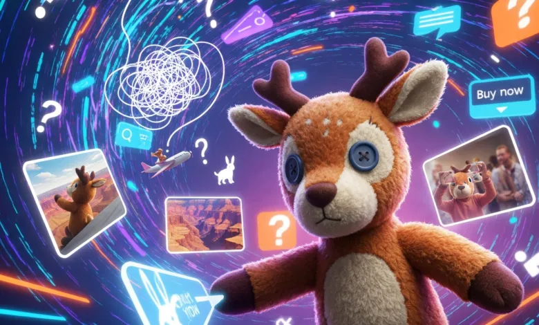 Stuffed deer toy surrounded by digital icons and swirling neon lights.