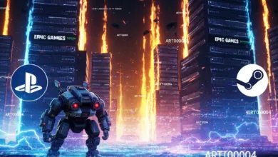 Robot stands before city with Epic Games, Playstation, and Steam logos.