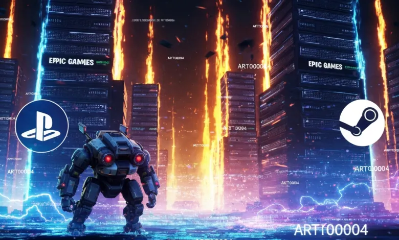 Robot stands before city with Epic Games, Playstation, and Steam logos.