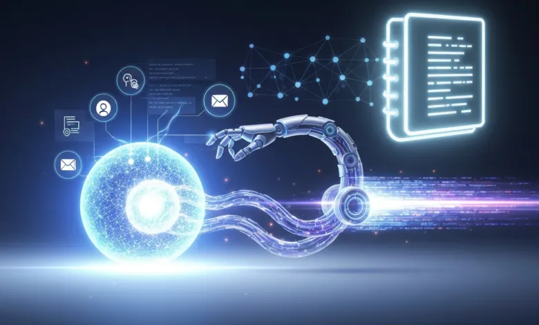 Futuristic AI interface with robotic arm, data streams, and glowing icons.