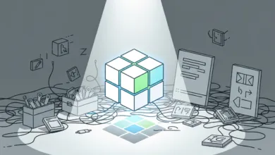 Isometric cube with tools and screens, illuminated by a spotlight.
