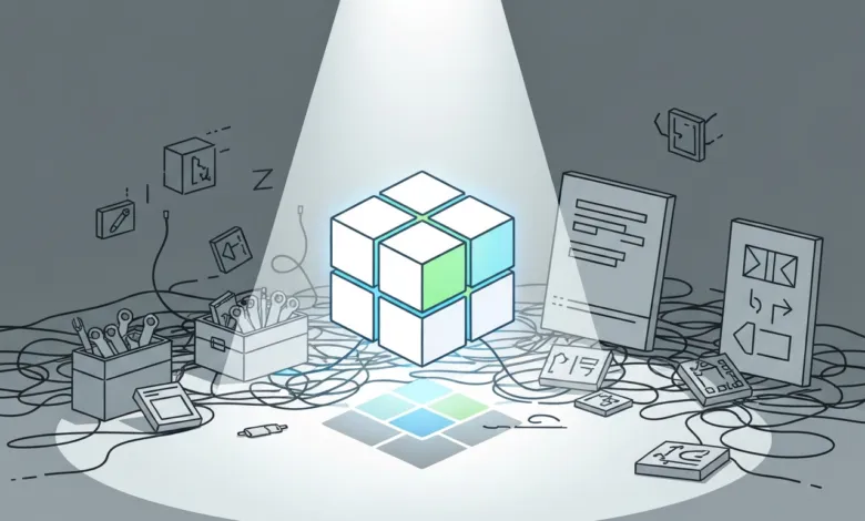 Isometric cube with tools and screens, illuminated by a spotlight.
