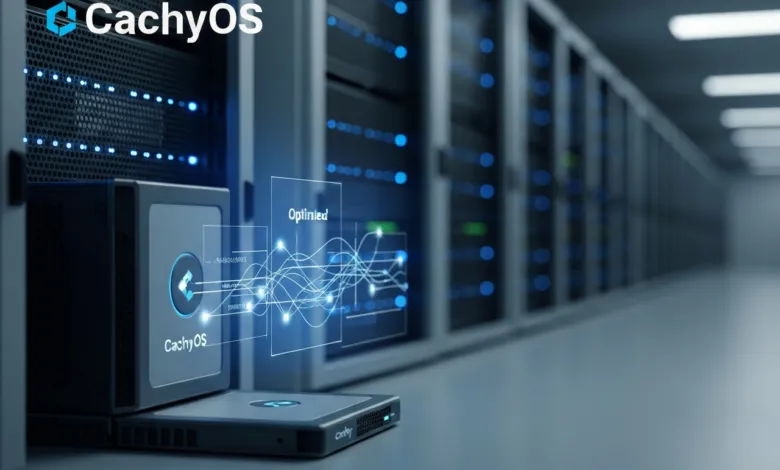 CachyOS server hardware in a data center with glowing data visualizations.