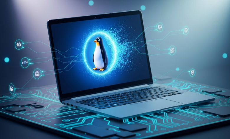 Laptop displays penguin logo surrounded by glowing blue circuit patterns and icons.