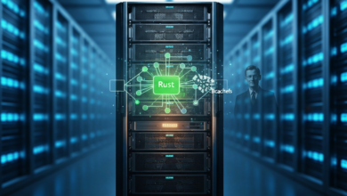Server rack with 'Rust' logo, surrounded by glowing network connections.