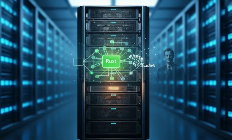Server rack with 'Rust' logo, surrounded by glowing network connections.