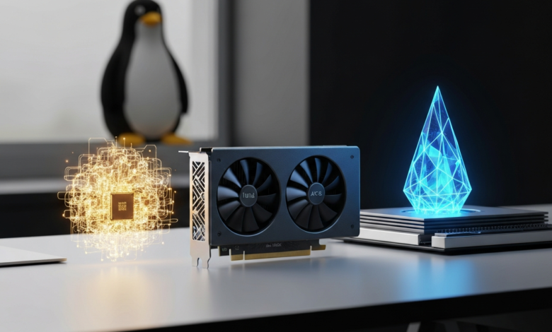 Graphics card with glowing chip and crystal, penguin in background.