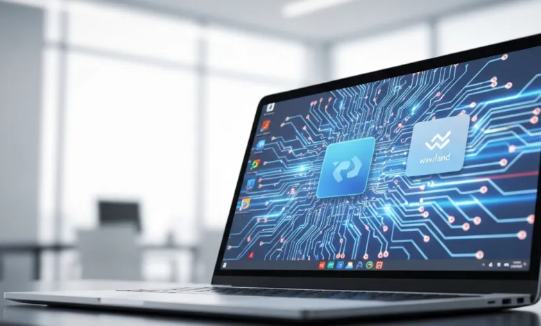 Laptop displays circuit board design with app icons.