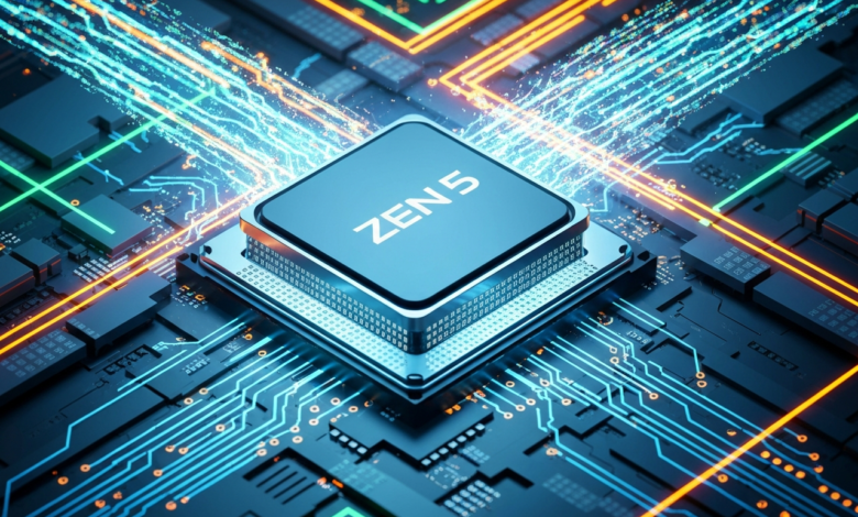 Close-up of a Zen 5 CPU on a motherboard with glowing circuits.