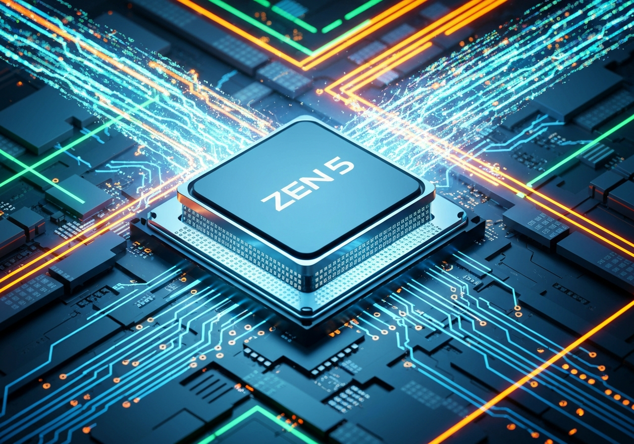 Close-up of a Zen 5 CPU on a motherboard with glowing circuits.
