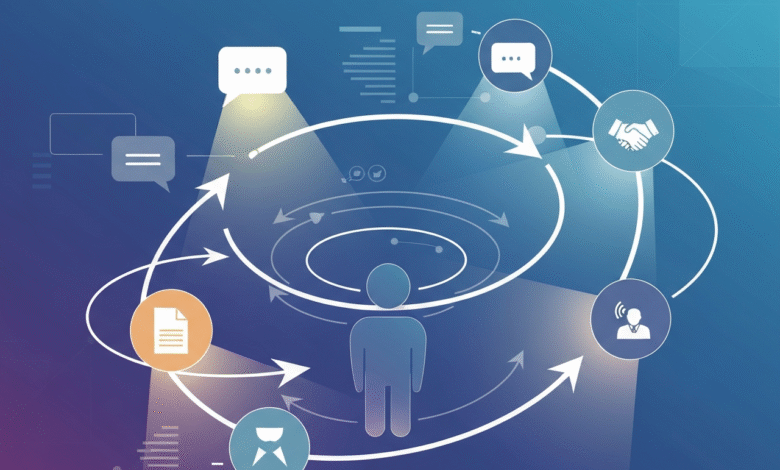 Abstract illustration of a business process with a central figure.